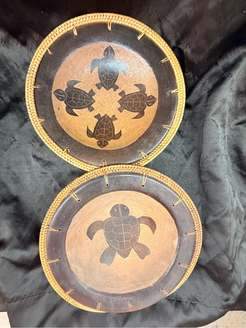 VINTAGE LOMBOK SASAK ART POTTERY-HAND CRAVED TERRACOTTA & RATTAN BOWLS (SETOF2)